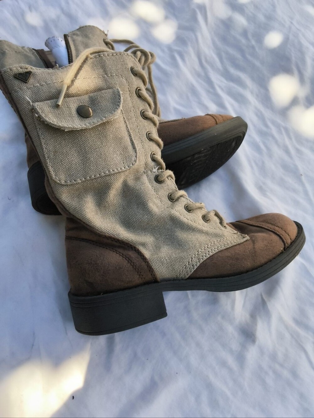 Roxy Beige Canvas and Brown Suede Lace-Up Combat Boots
